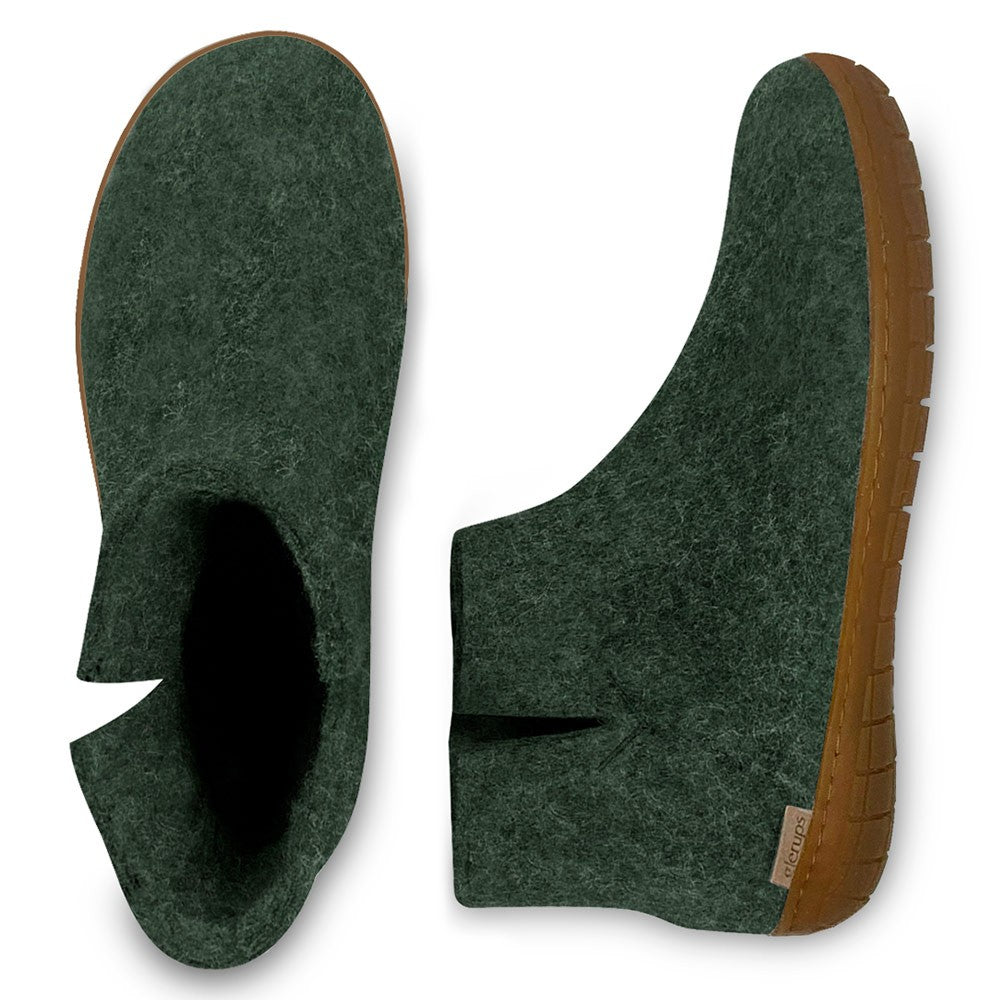 Arial and side view of Glerups Felt Rubber Sole Boot - Forest