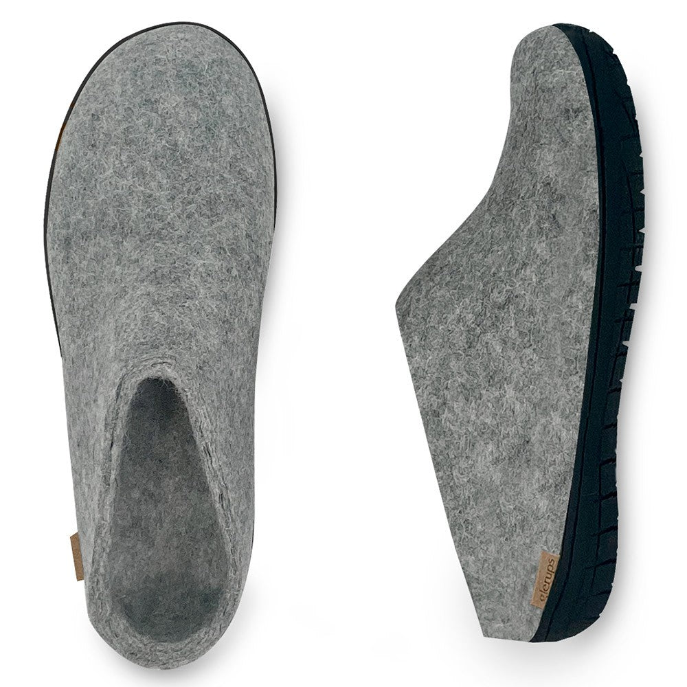 Arial and side view of black rubber soled Glerups mules in Grey