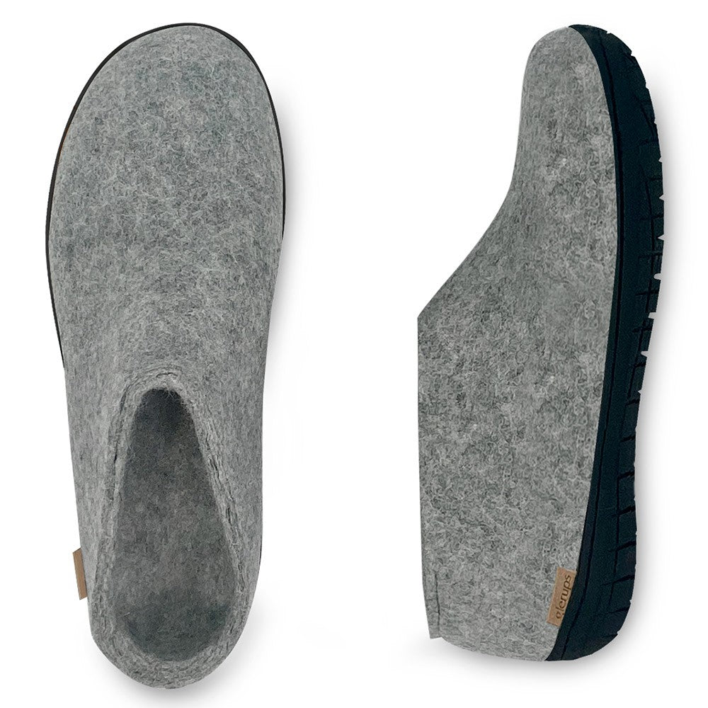 Arial and side view of Glerups Felt Black Rubber Sole Shoe - Grey
