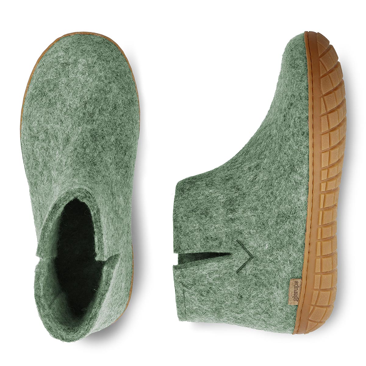 Arial and side view of Glerups boot with rubber soles in moss