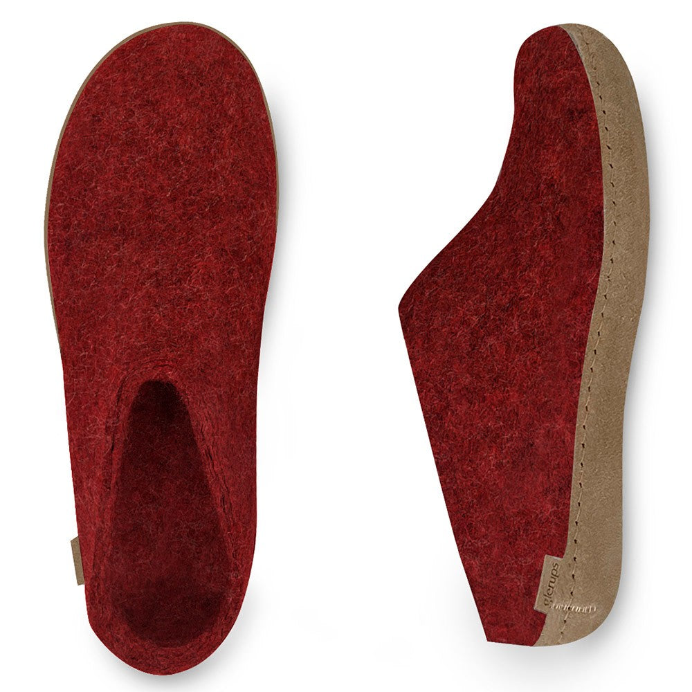 Arial and Side view of red leather soled Glerups mules
