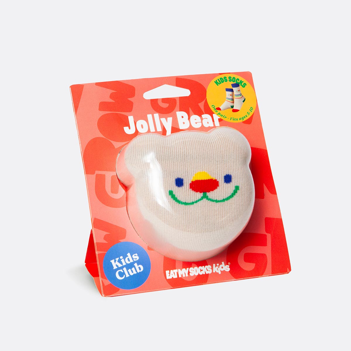Jolly Bear Kids Socks by Eat My Socks packaged like a cuddly bear gift box with rainbow stripes.