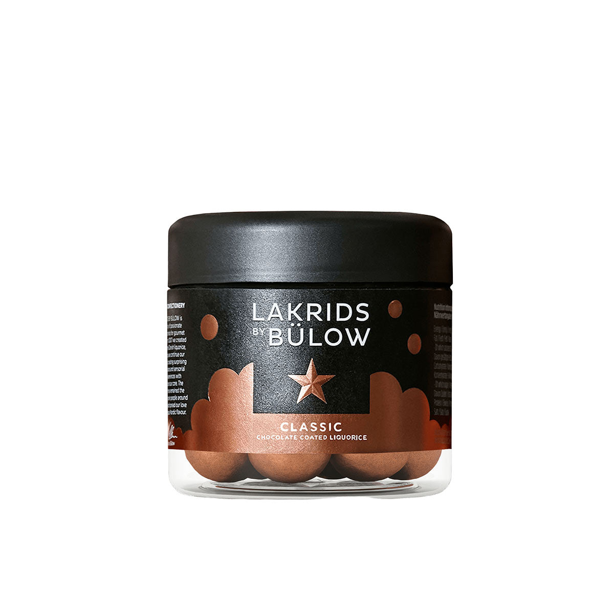 Small Jar of Lakrids by Bulow classic caramel liquorice on a white background
