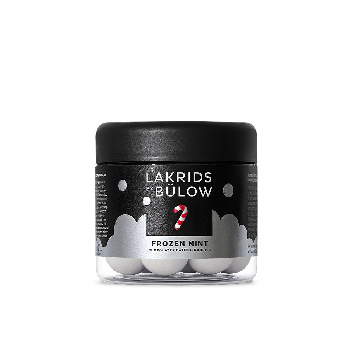 Jar of Lakrids by Bülow Frozen Mint chocolate-coated liquorice on a white background