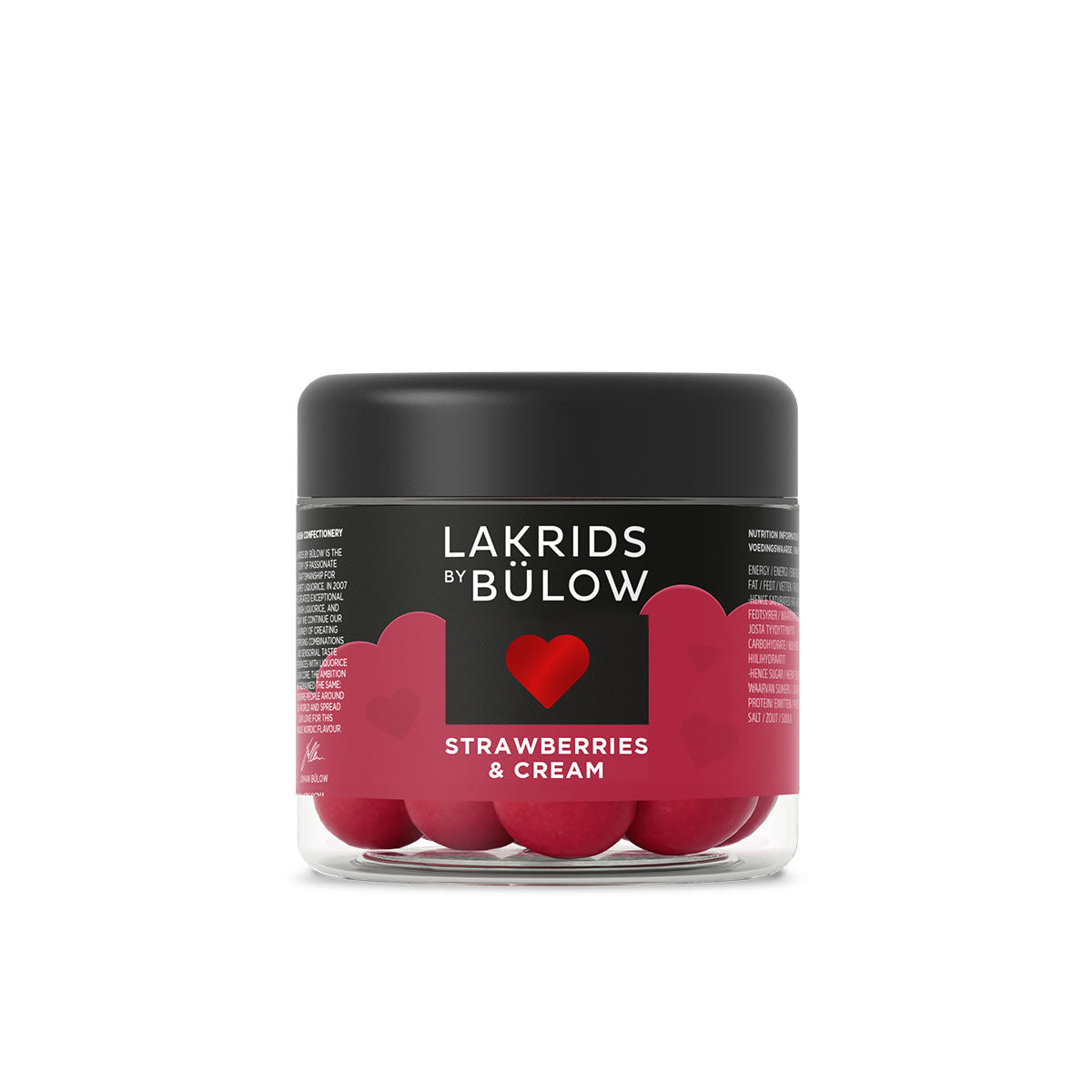 Jar of Lakrids by Bulow Strawberries & Cream candies on a white background