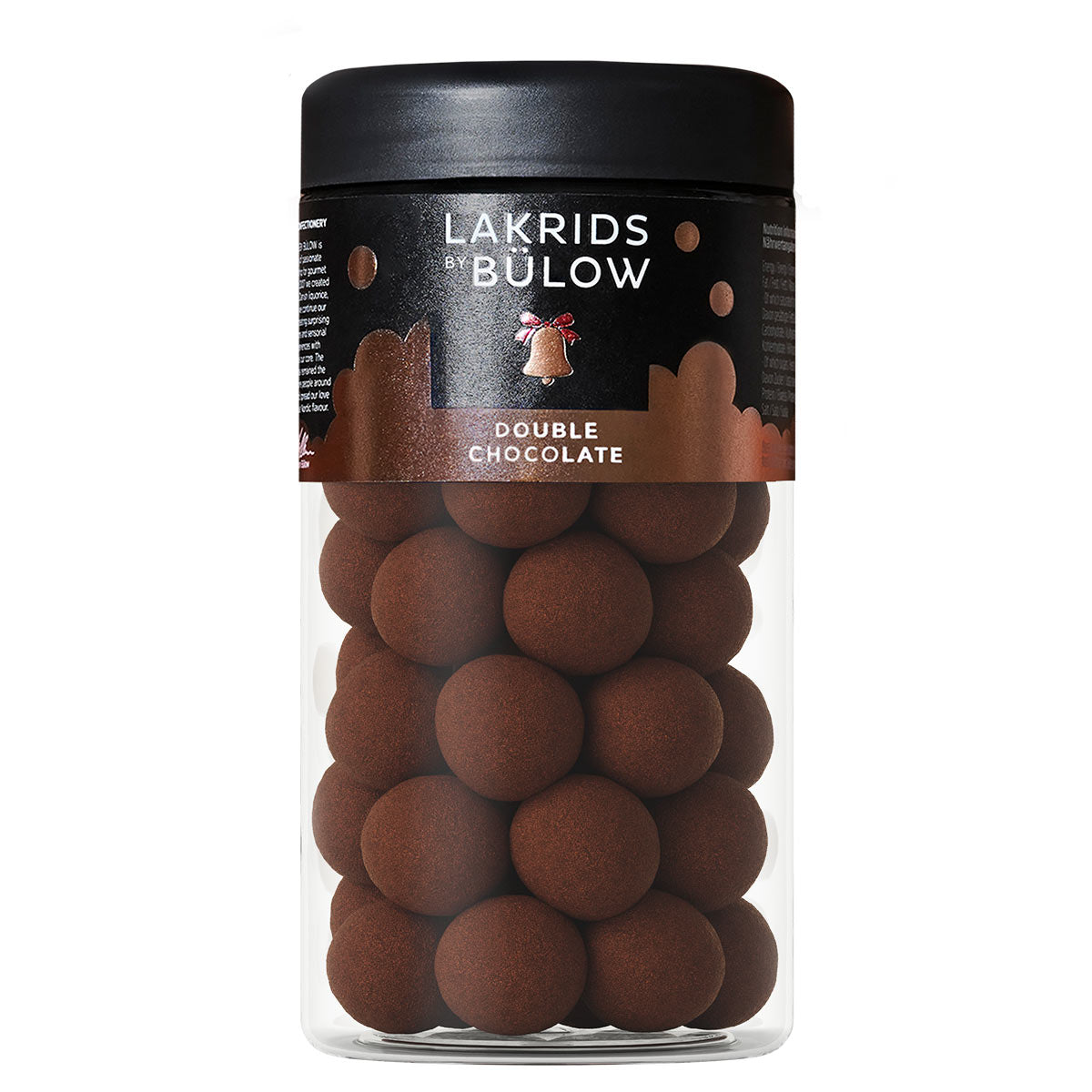 Jar of Lakrids by Bulow Double Chocolate liquorice on a white background
