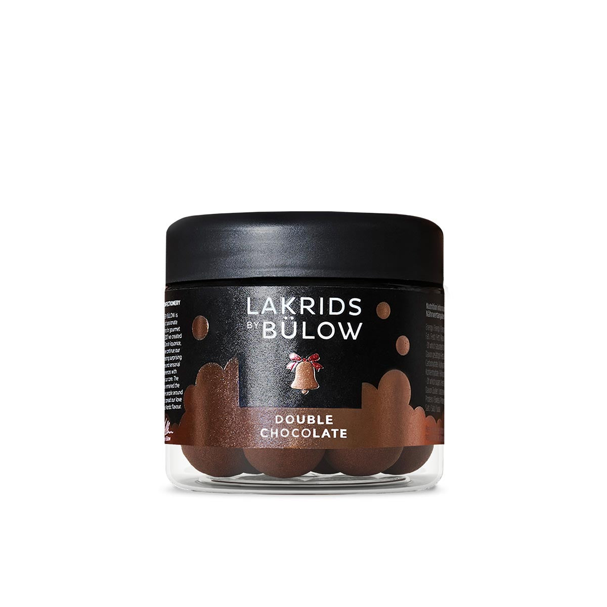 Jar of Lakrids by Bulow Double Chocolate on a white background