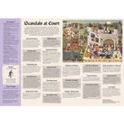 Scandals at Court  jigsaw puzzle fold-out text and illustration of court scene on a white background