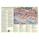 An educational poster titled 'The World of the Museum' featuring a detailed, colorful isometric illustration of a museum interior on the right and informational text columns on the left, set against a cream background.
