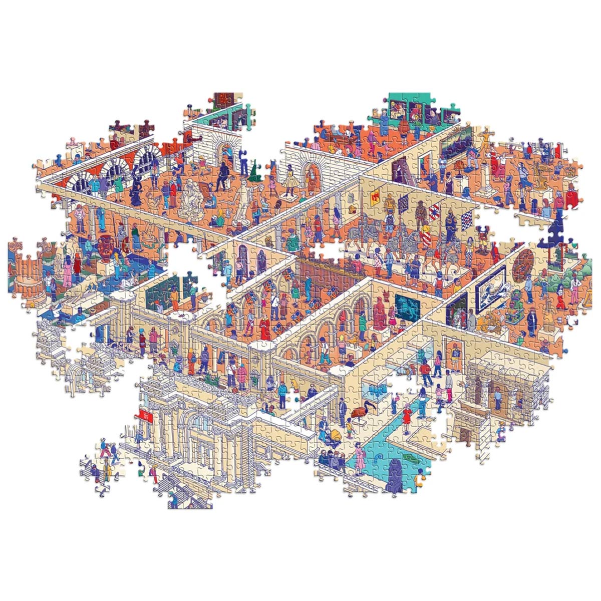 A completed jigsaw puzzle featuring a highly detailed, colourful Museum scene with many small figures, buildings, and storefronts, shown on a plain white background.