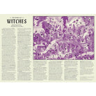 A flat lay of a 'The World of Witches' jigsaw map featuring a detailed purple and cream map of the magical world, surrounded by columns of text on a cream-coloured background.