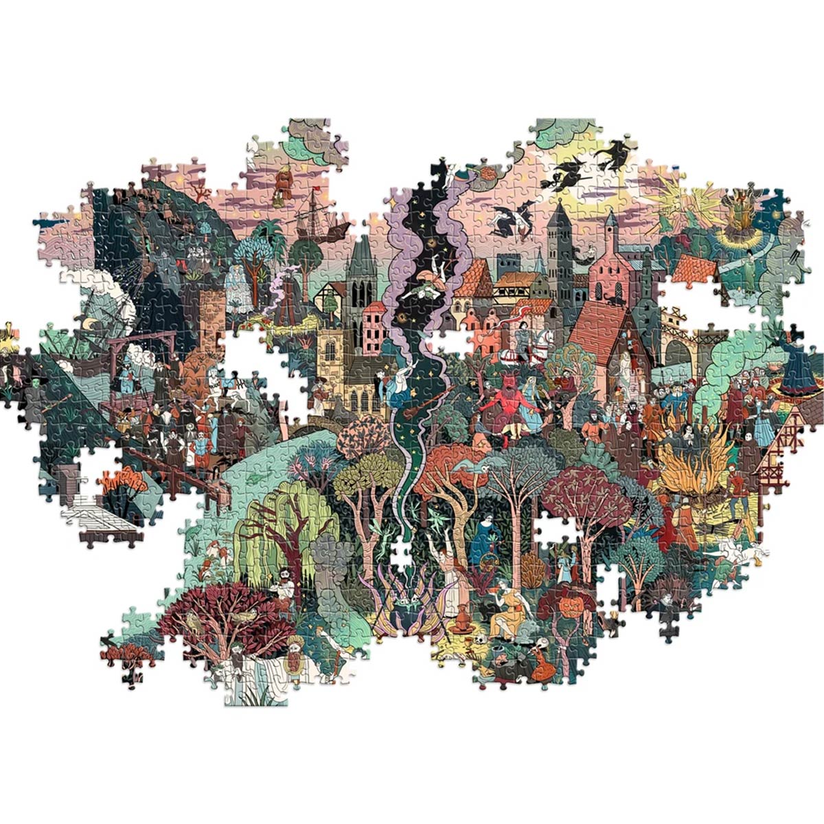 A piece of The World of Witches jigsaw puzzle featuring a whimsical, detailed fantasy landscape with trees, houses, figures, and flying creatures, shown on a plain white background.