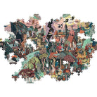 A piece of The World of Witches jigsaw puzzle featuring a whimsical, detailed fantasy landscape with trees, houses, figures, and flying creatures, shown on a plain white background.