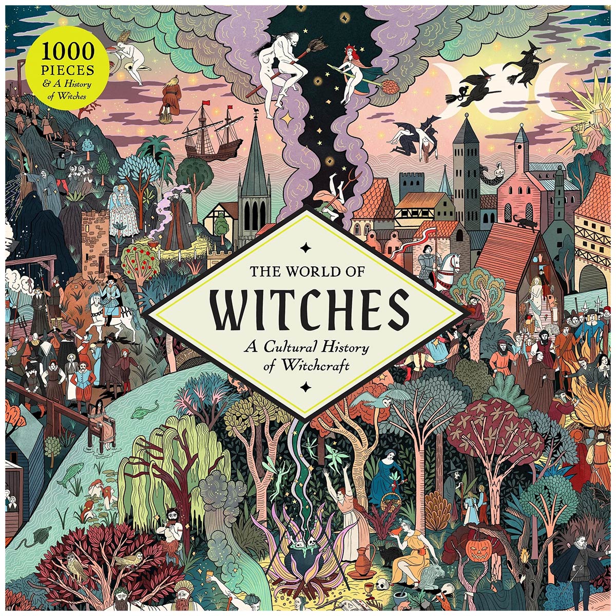The World of Witches jigsaw puzzle cover, featuring a highly detailed, colorful, and whimsical medieval witch scene with houses, trees, flying broomsticks, and characters. A yellow circular badge in the top-left corner reads '1000 PIECES & A History of Witches'.