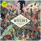 The World of Witches jigsaw puzzle cover, featuring a highly detailed, colorful, and whimsical medieval witch scene with houses, trees, flying broomsticks, and characters. A yellow circular badge in the top-left corner reads '1000 PIECES & A History of Witches'.