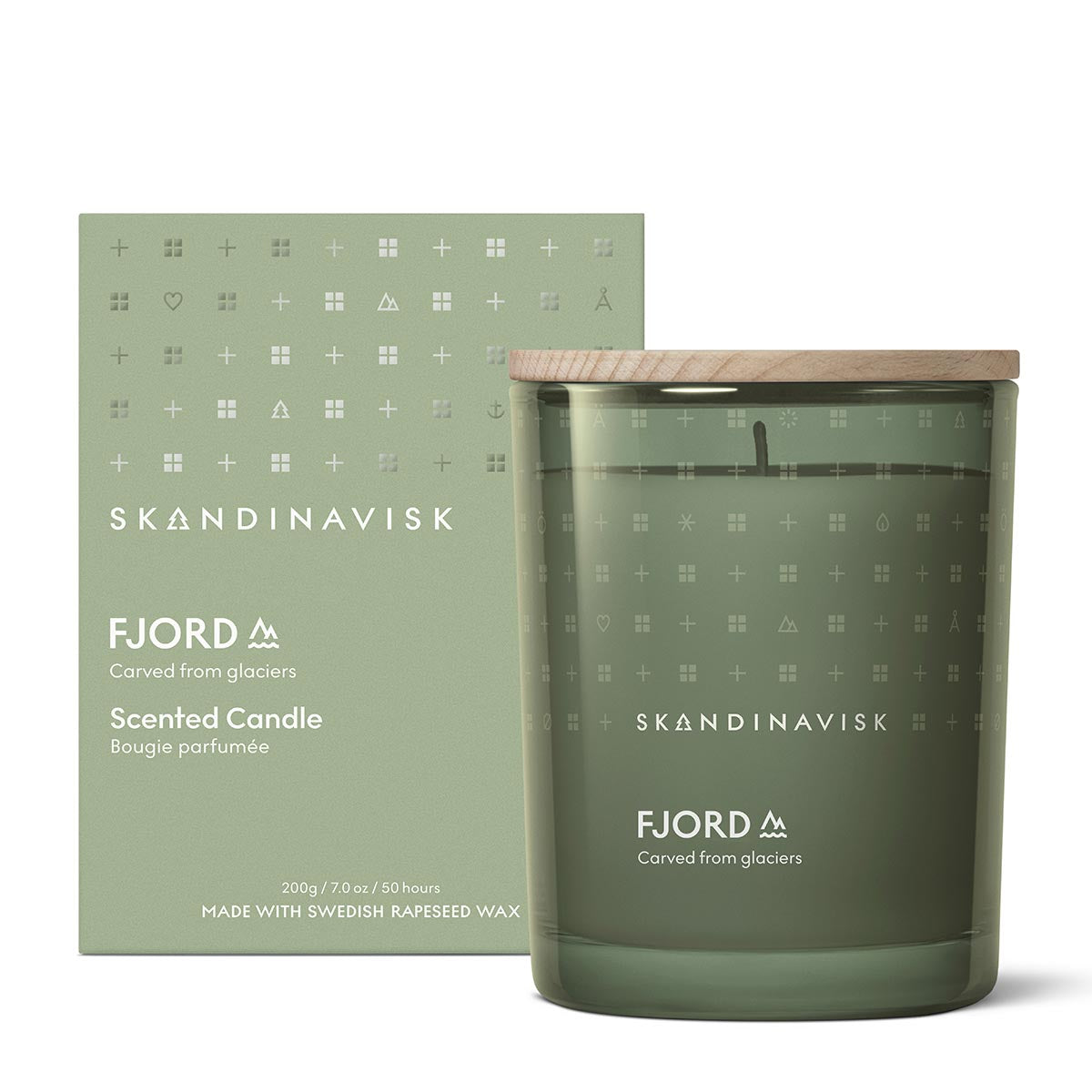 Skandinavisk Fjord scented candle with packaging on a white background