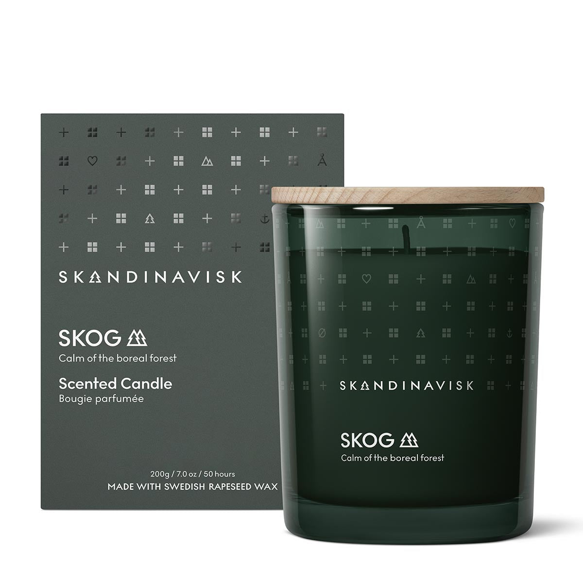Skandinavisk Skog scented candle with packaging on a white background