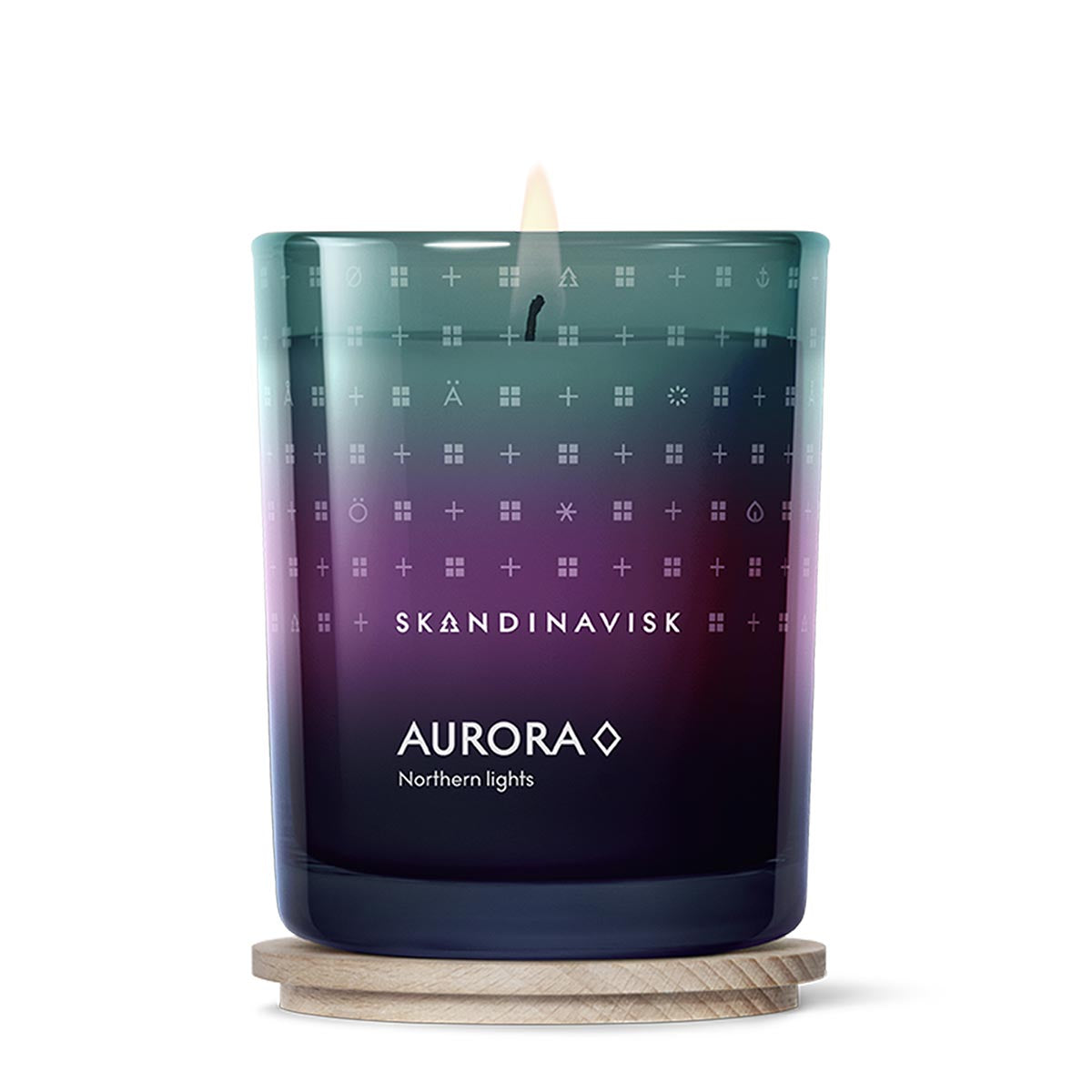 Skandinavisk Aurora candle with a gradient design on a white background