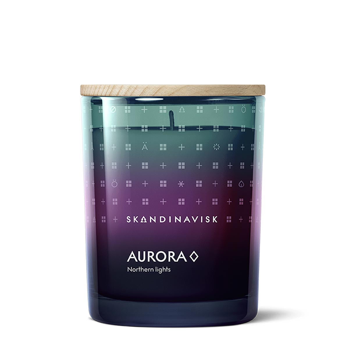 Skandinavisk Aurora candle with gradient design and wooden lid on a white background