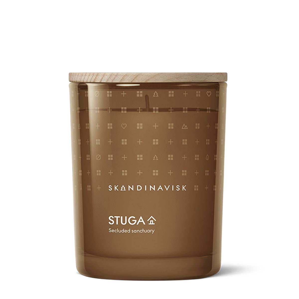 Skandinavisk Stuga candle with lid featuring Skandinavisk branding on a white background