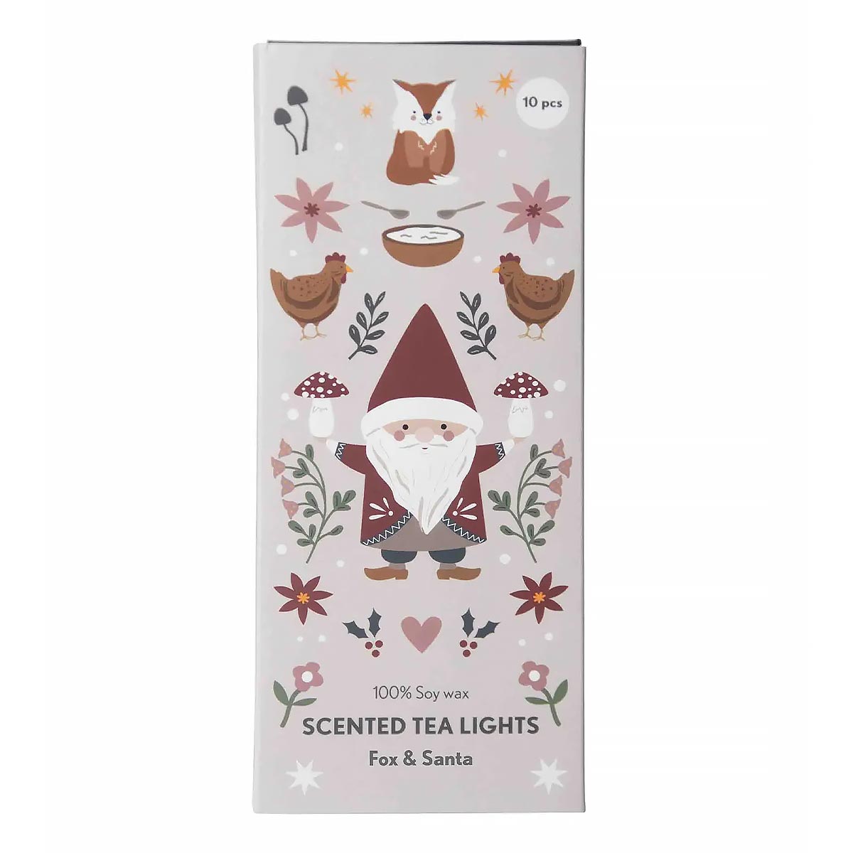 Pluto scented tea lights with fox and Santa Claus design on a white background