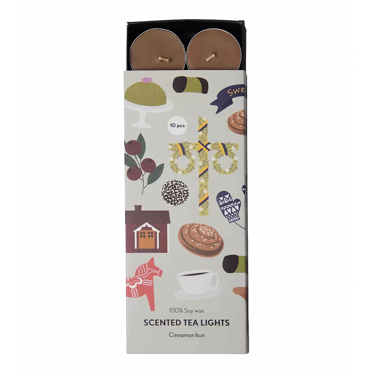 Pluto Pack of scented tea lights with colourful illustrations on the packaging