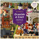 Jigsaw puzzle box cover featuring historical scenes with people and architecture, titled 'The World of Scandals at Court'.
