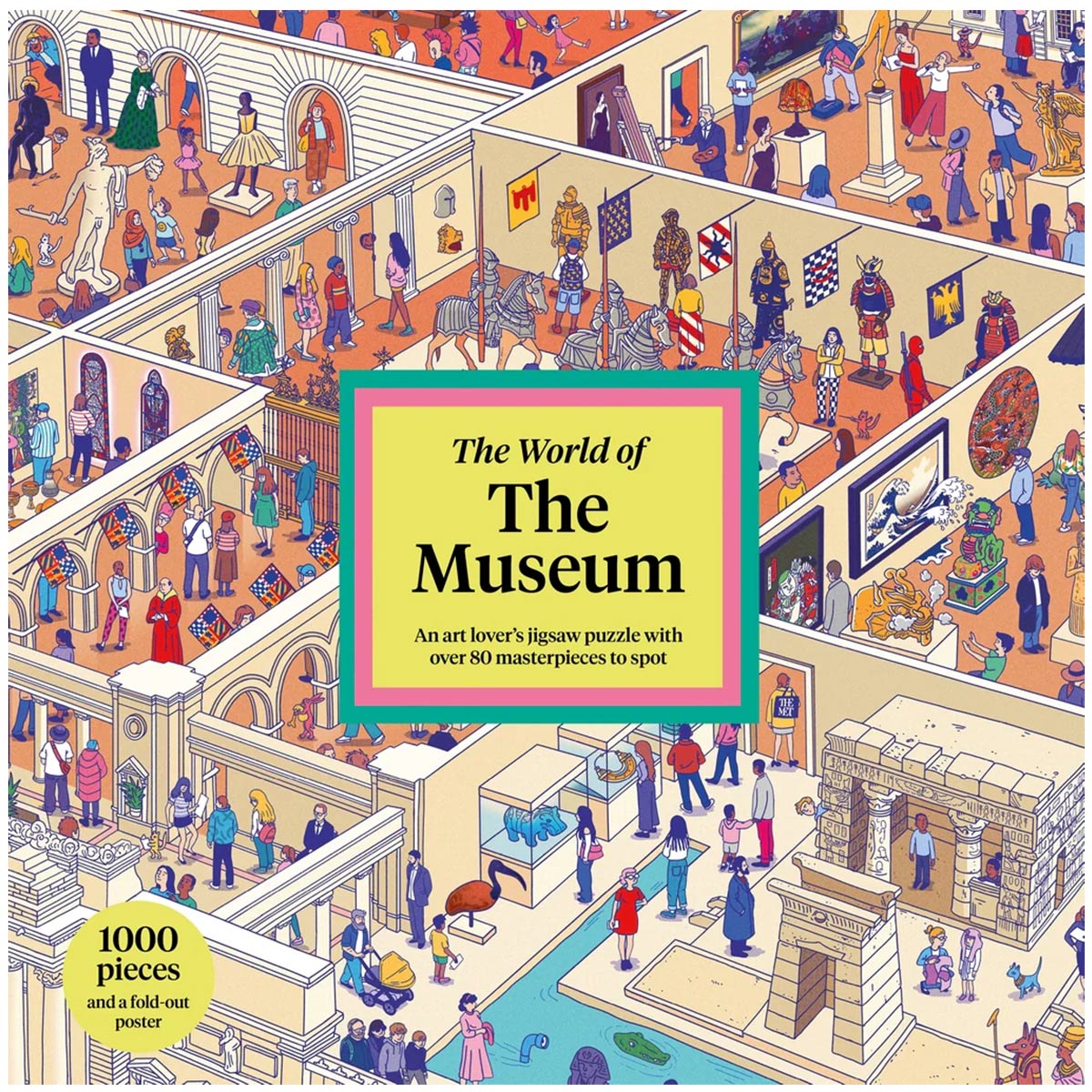 Front cover of a jigsaw puzzle box titled "The World of The Museum," showing a colorful illustrated museum scene with many people exploring galleries. Text on the cover says it has 1000 pieces and a fold-out poster.