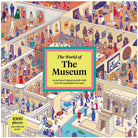 Front cover of a jigsaw puzzle box titled "The World of The Museum," showing a colorful illustrated museum scene with many people exploring galleries. Text on the cover says it has 1000 pieces and a fold-out poster.
