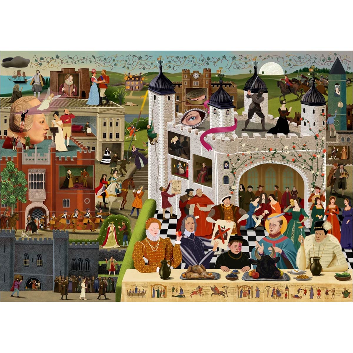 Scandals at Court  jigsaw illustration by Laurence King of a castle with people around a table, featuring a variety of activities and architectural elements.