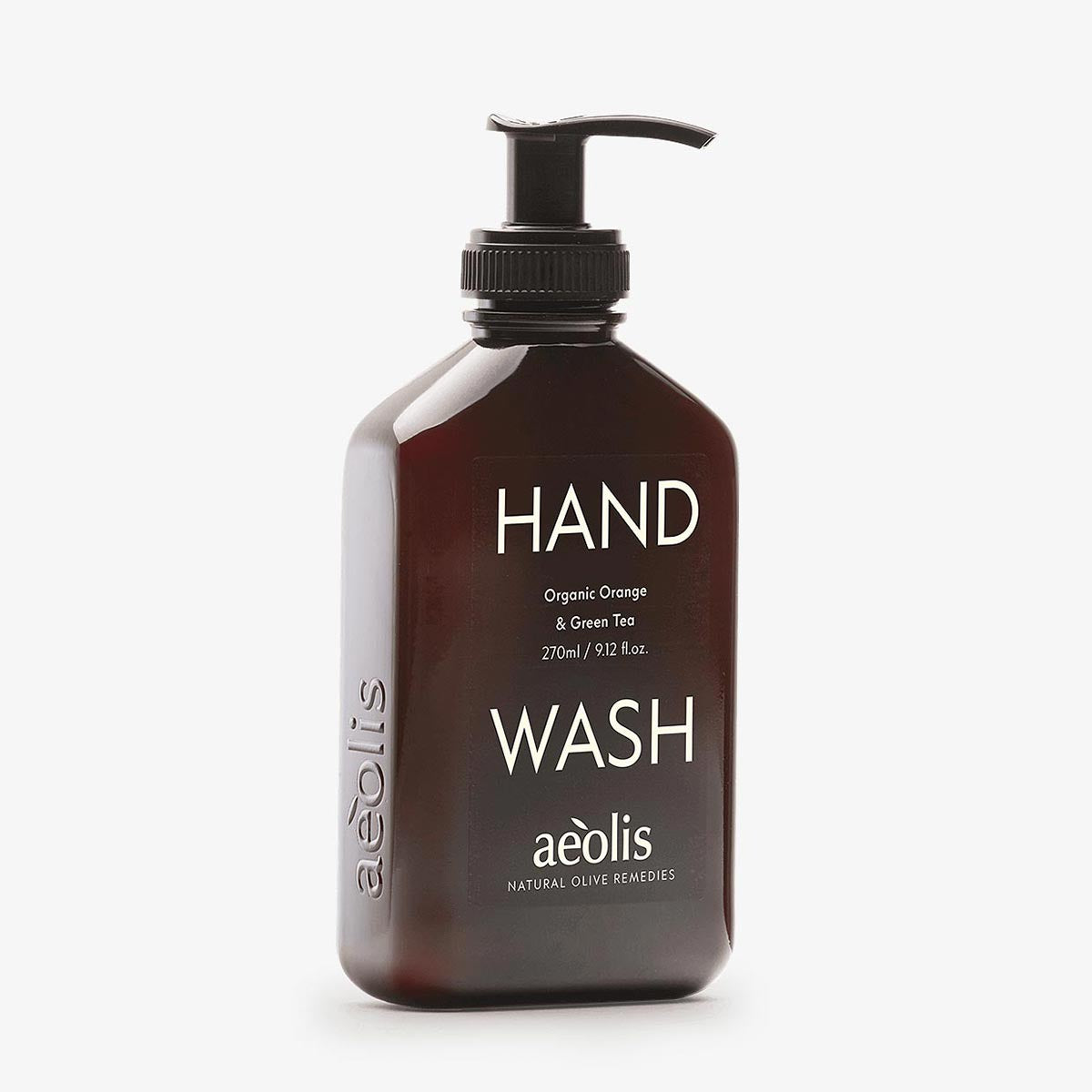 Brown bottle of aeolis hand wash on a white background