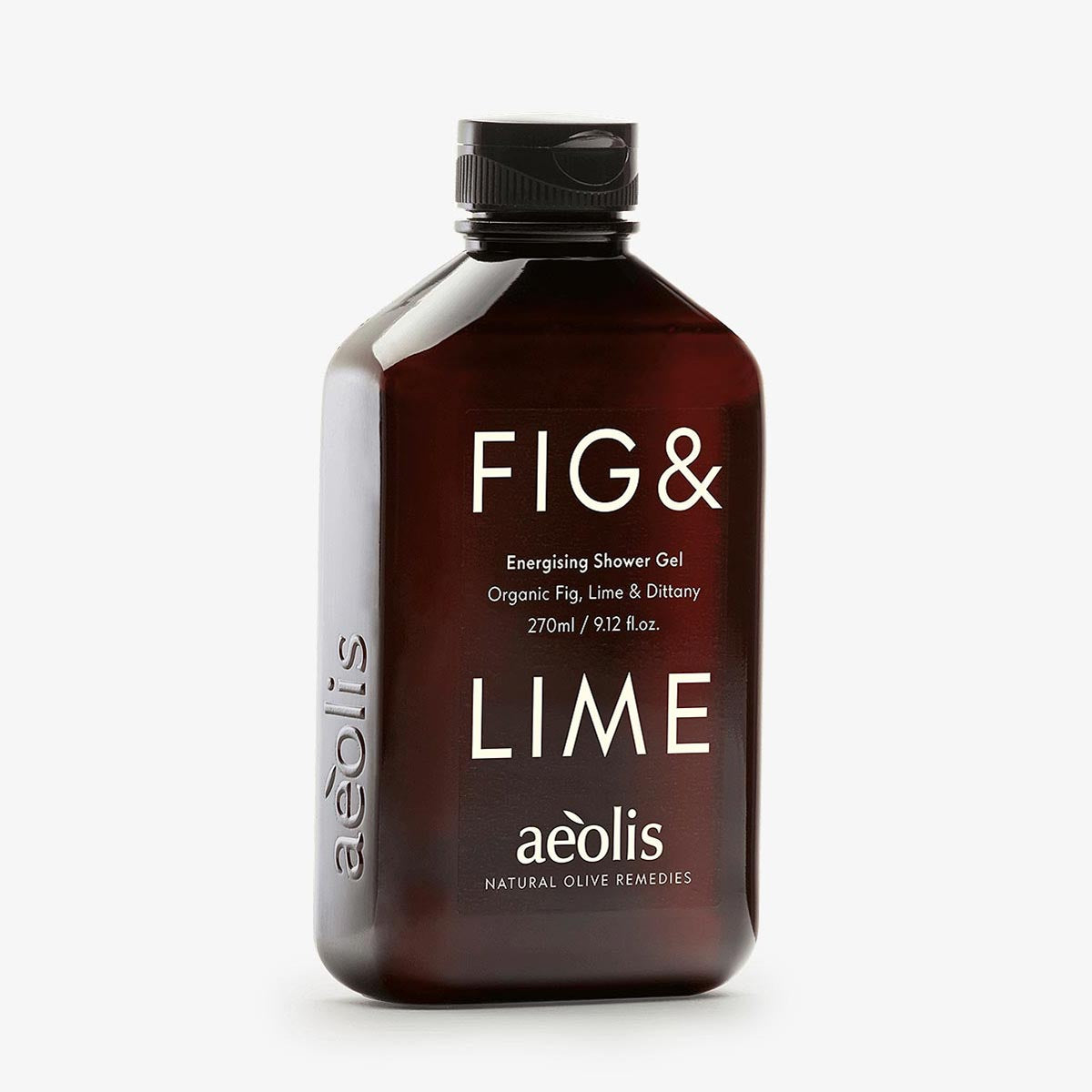Brown bottle of Fig & Lime shower gel by aeolis on a white background
