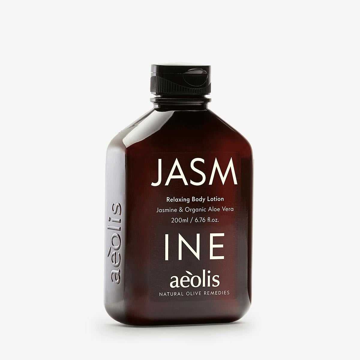 Brown bottle of aeolis Jasmine body lotion on a white background