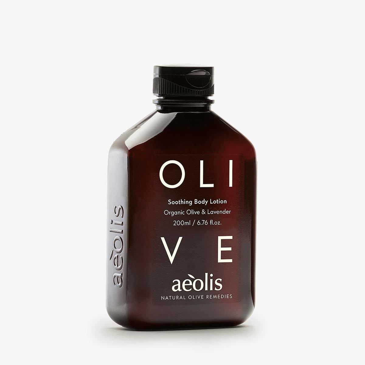 Brown bottle of aeolis Olive Soothing Body Lotion on a white background