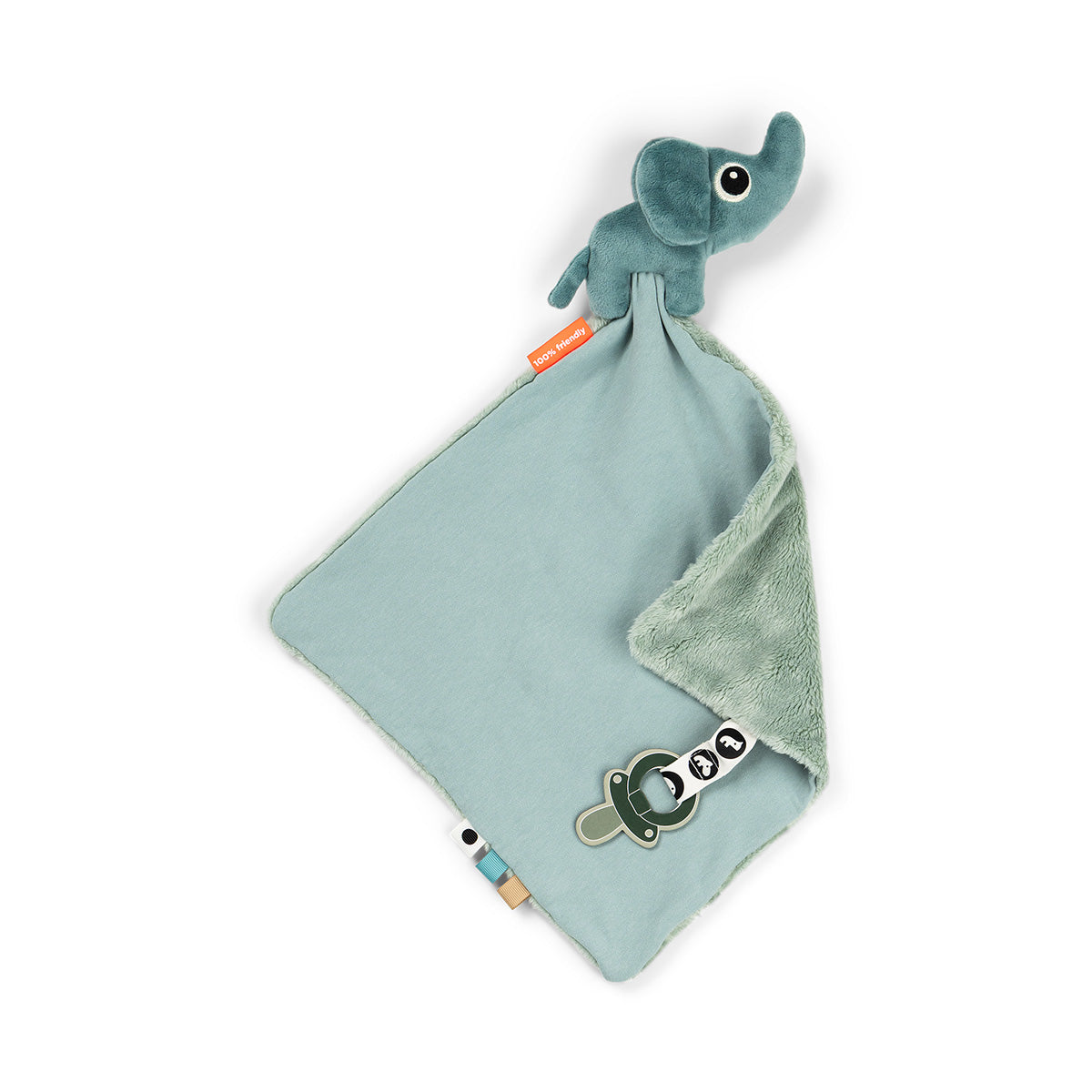 Reverse of Done by Deer 'Elphee' comfort blanket with pacifier attachment against a white background.