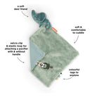 Done by Deer 'Elphee' comfort blanket with pacifier attachment against a white background with annotated features.