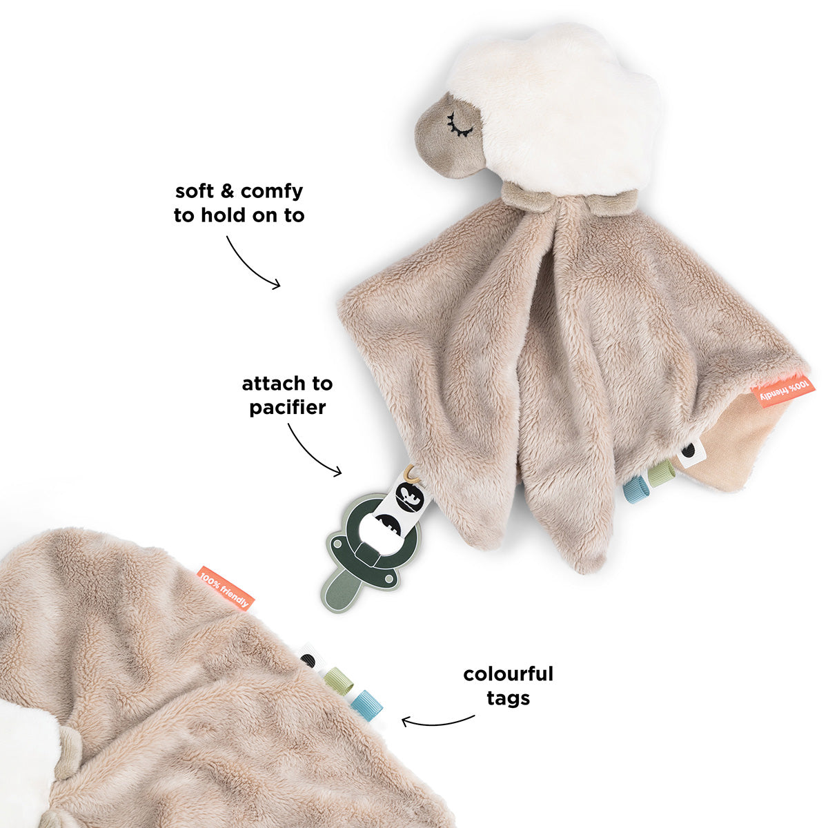 Done by Deer 'Sheepy' comfort blanket with pacifier against a white background with annotated features.