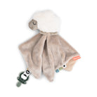 Done by Deer 'Sheepy' comfort blanket with pacifier against a white background.