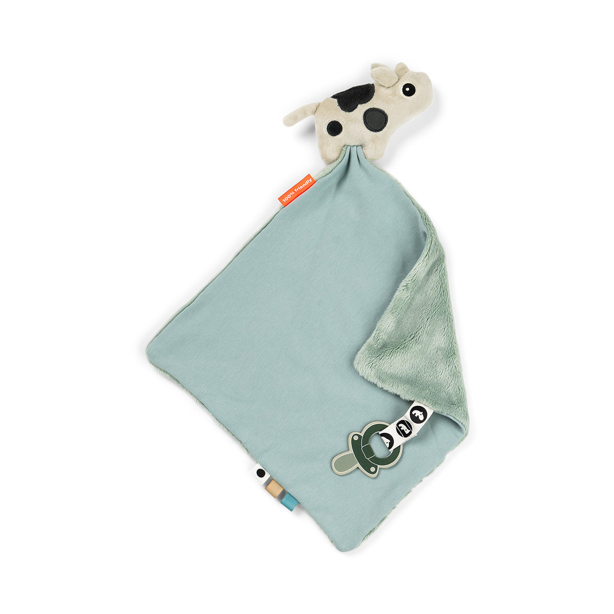 Reverse of Done by Deer 'Dotti' comfort blanket with pacifier attachment against a white background.