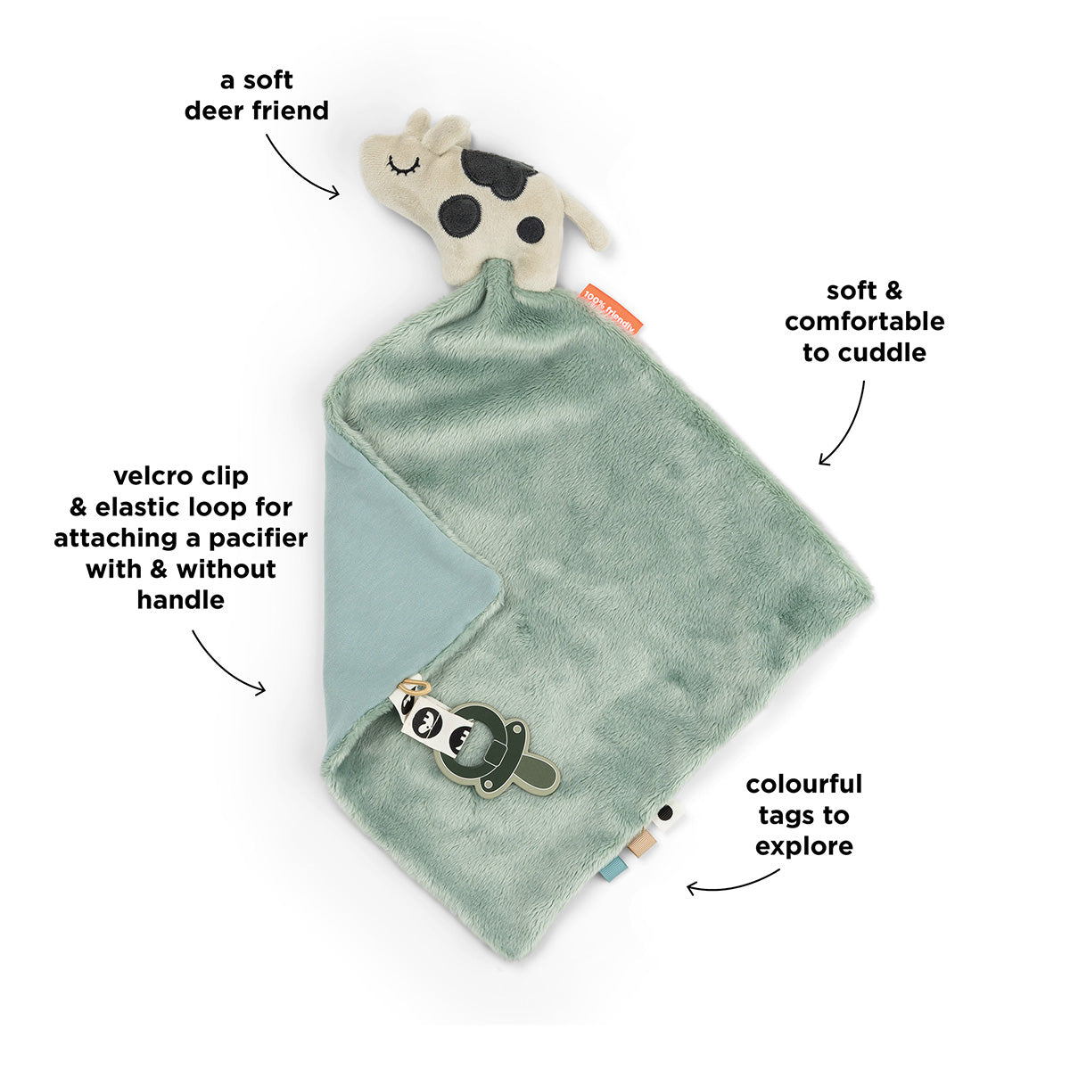 Done by Deer 'Dotti' comfort blanket with pacifier attachment against a white background with annotated labels.