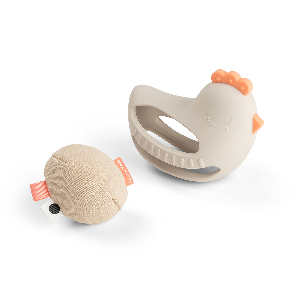 Done by Deer 'Clucky' teether rattle with the egg rattle removed and set against a white background.