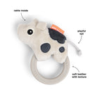 Done by Deer 'Dotti' sensory rattle teether against a white background with annotated features. 