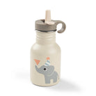 Sand coloured Done by Deer metal water bottle with the drinking spout open against a white background.