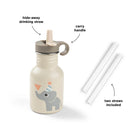Sand Done by Deer metal water bottle and straws with labelled features. 