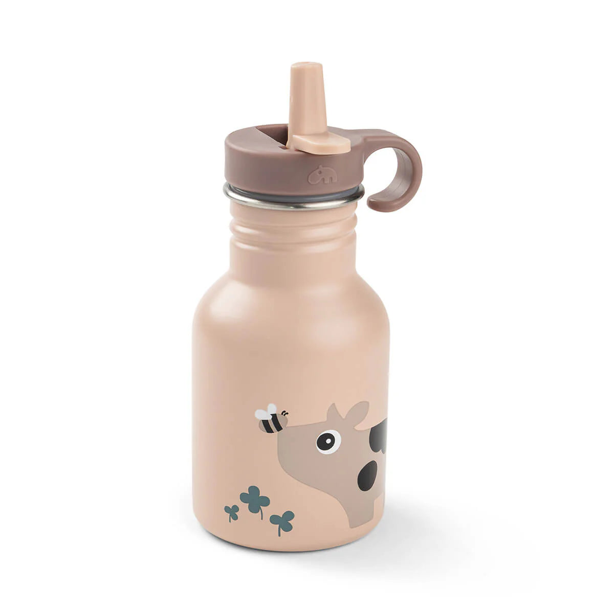 Powder pink Done by Deer metal water bottle with the drinking spout open against a white background.