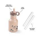 Pastel pink Done by Deer metal water bottle and straws with labelled features. 