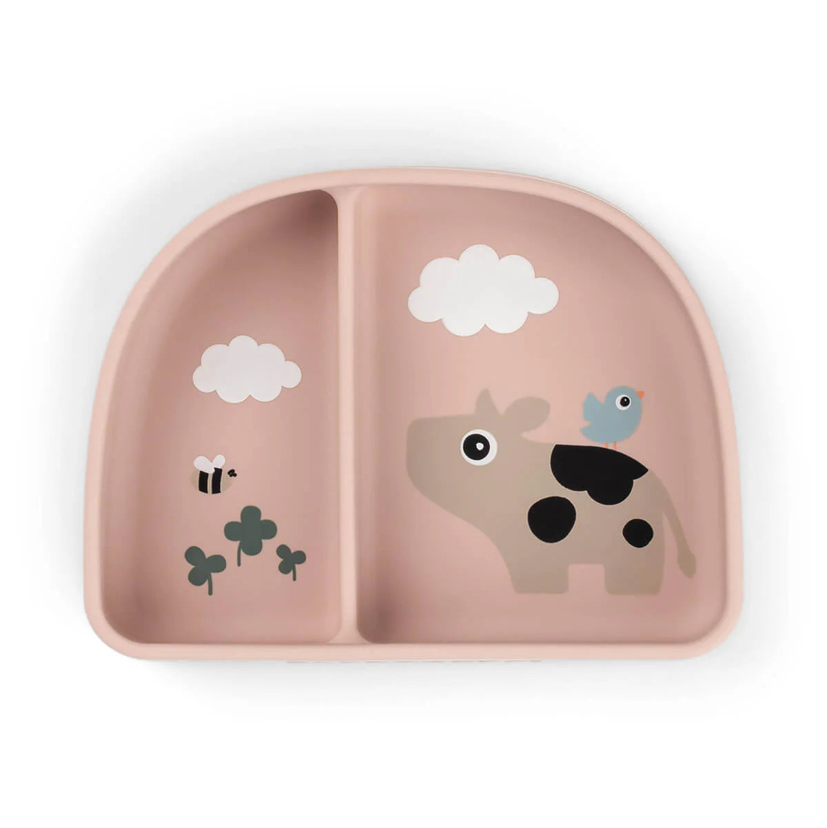 Done by Deer two compartment bowl in pale pink against a white background.
