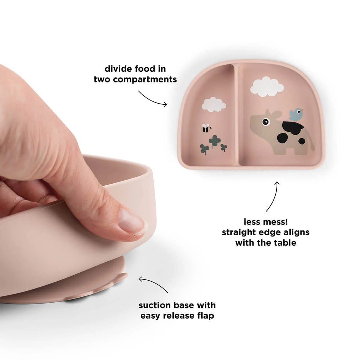 Done by Deer stay stick compartment bowl with annotations of features on a white background.