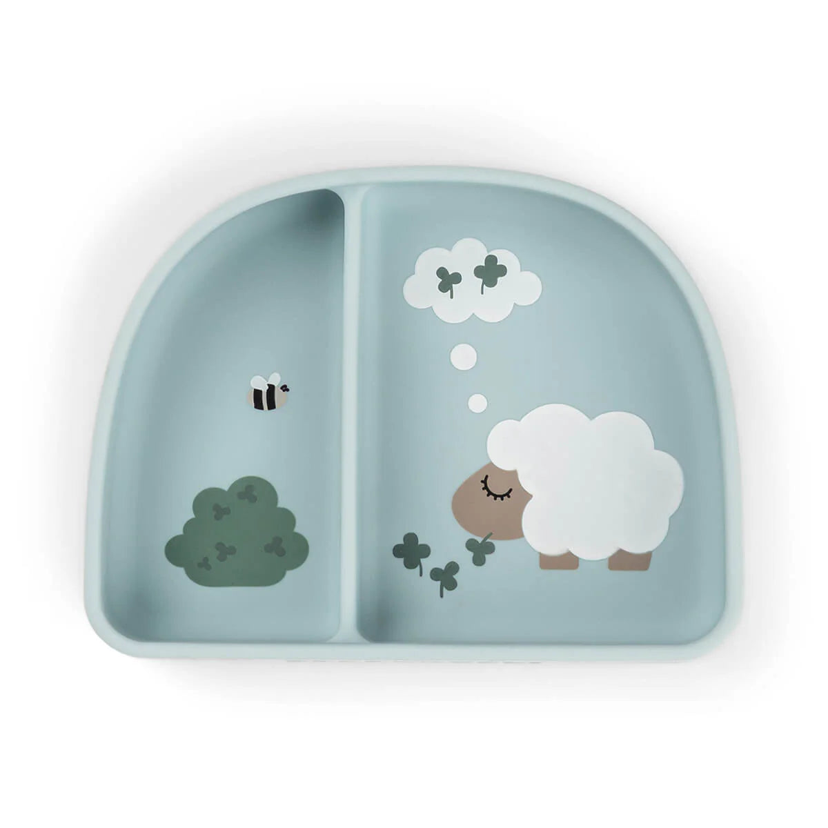 Done by Deer two compartment bowl in light blue against a white background.