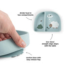 Done by Deer stay stick compartment bowl with annotations of features on a white background.